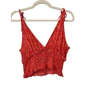 Patrons Of Peace Size Medium Red Floral Smocked Crop Top Adjustable Tie